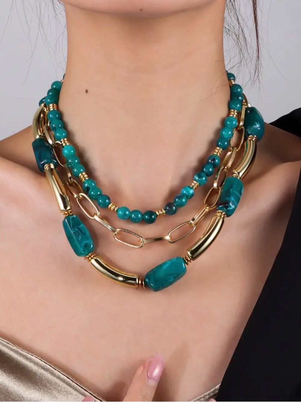 Green Multi-Layer Beaded Necklace with Gold Accents